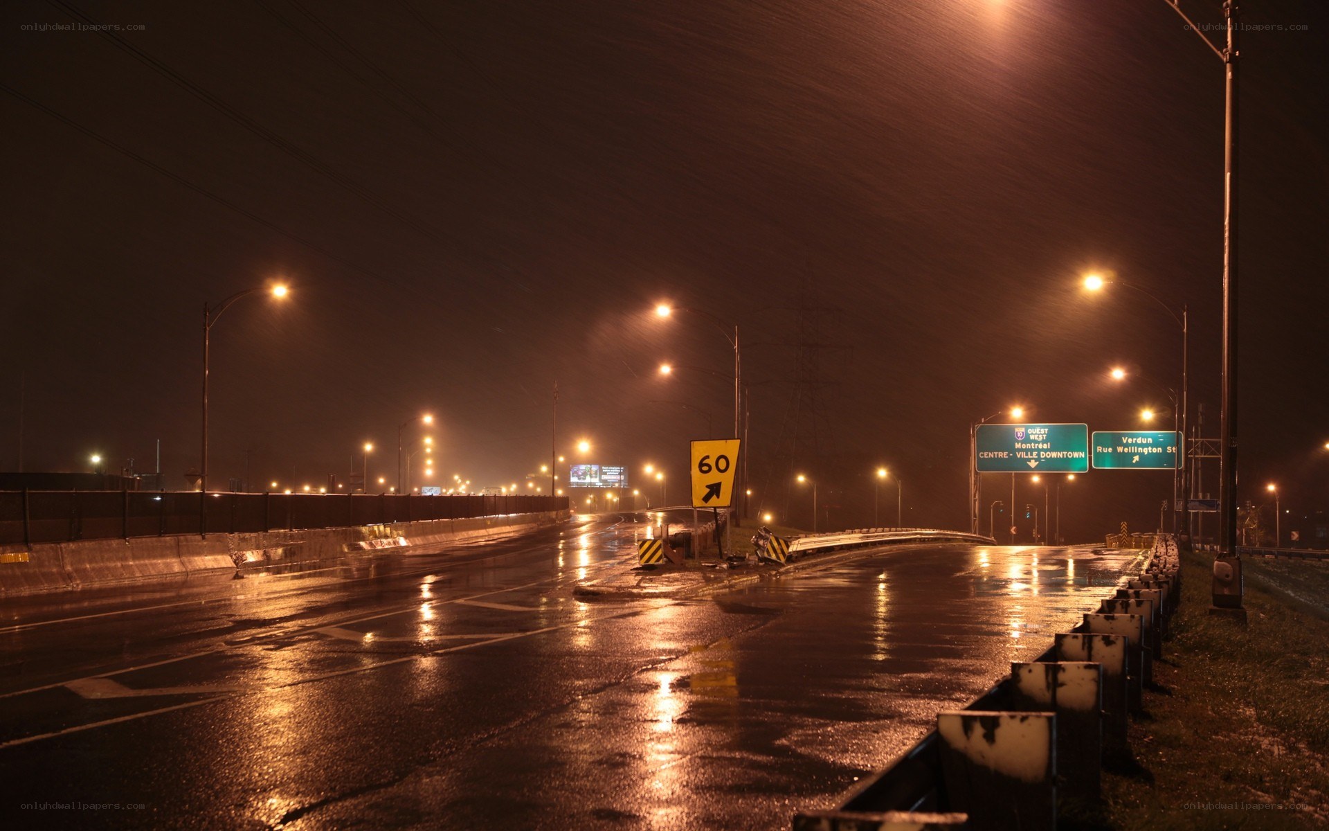 Empty highway at night in rain