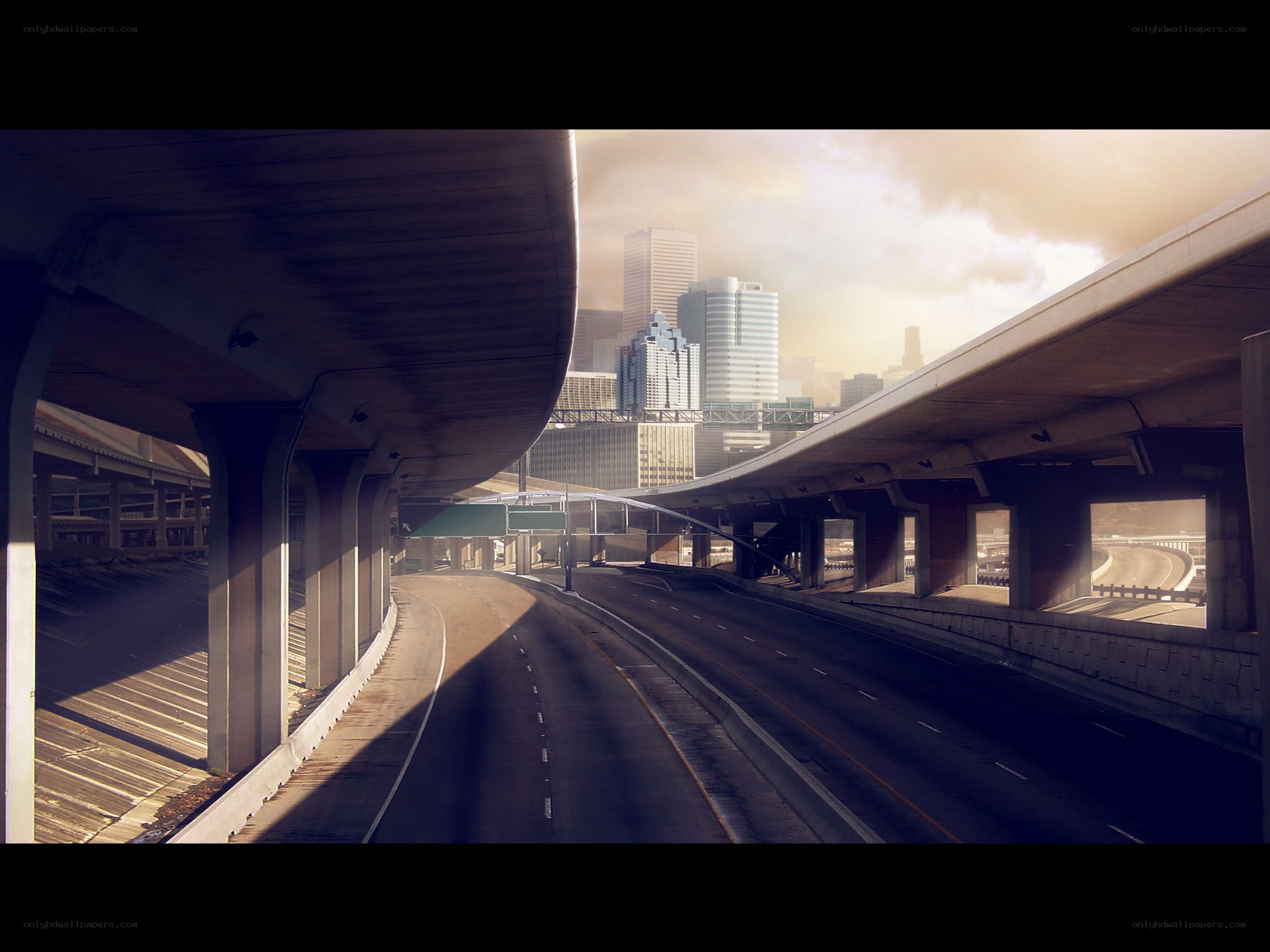 Empty highway to city skyline