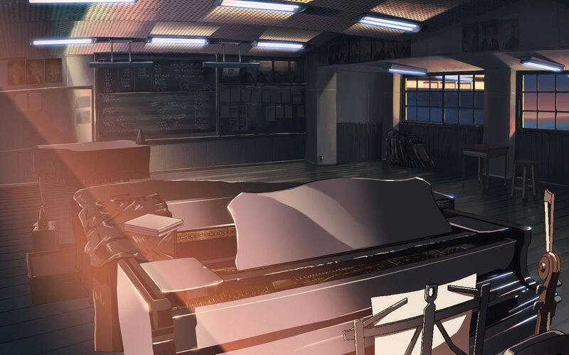 Empty music classroom at dusk