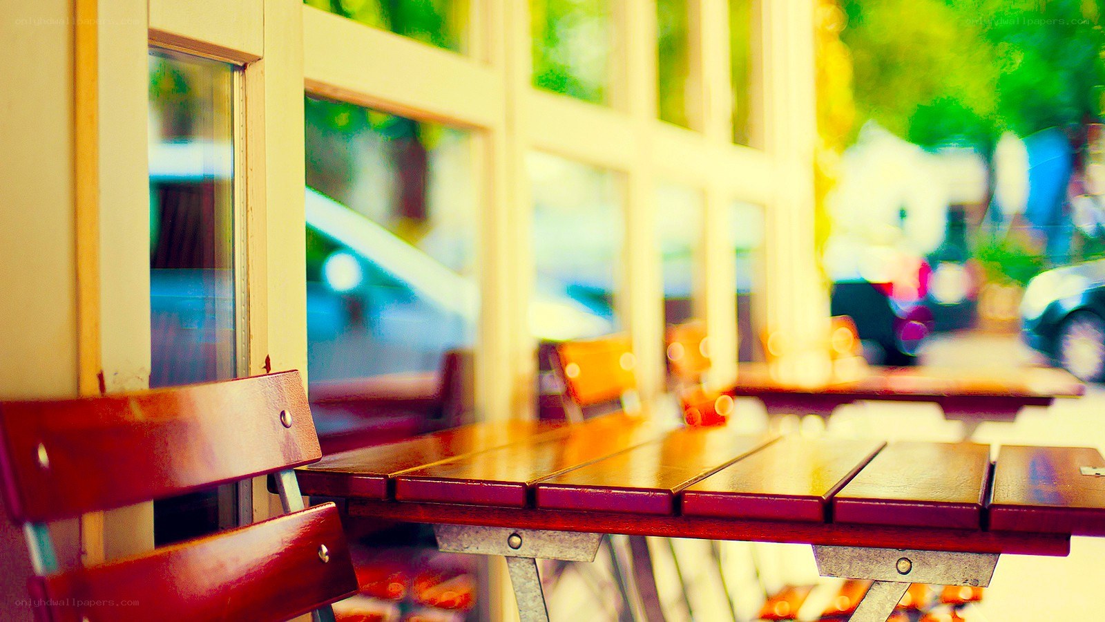 Empty outdoor cafe tables