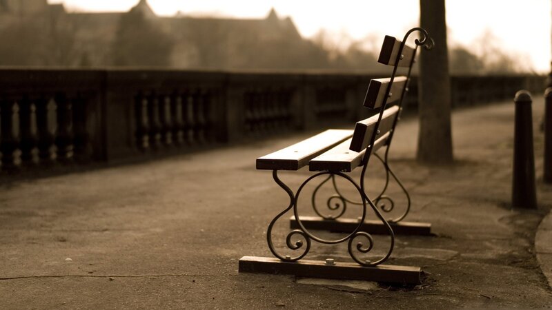 Empty park bench at dusk