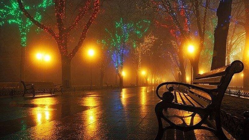 Empty Park Bench — Yellow, Serene, Night