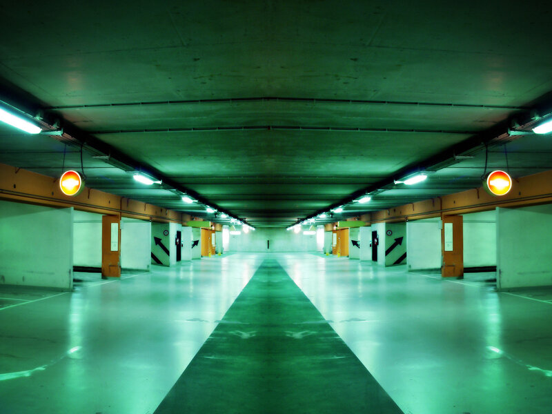 Empty parking garage corridor