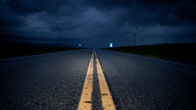 Empty Road at Night — Black, Dramatic, Photograph, Clouds, Signs