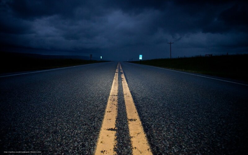 Empty Road at Night — Black, Dramatic, Photograph, Double Yellow Line