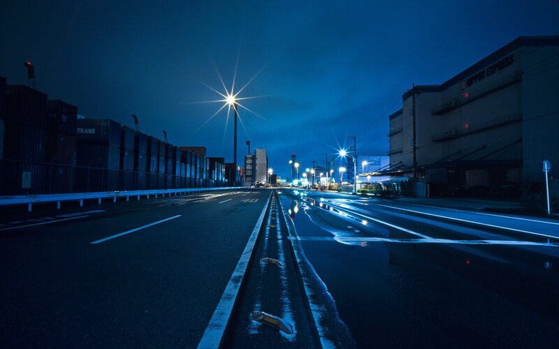 Empty Road at Night — Blue, Dark, Photograph