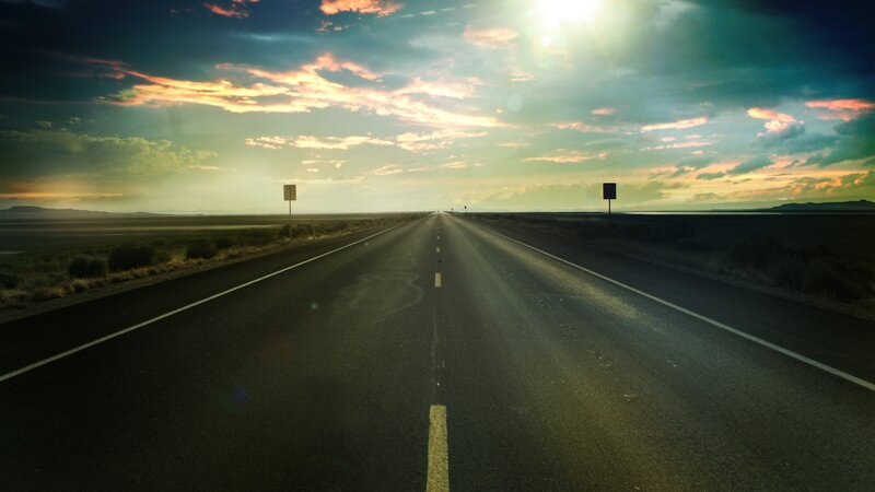 Empty Road at Sunset — Blue, Dramatic, Photograph, Sky, Clouds, Sign, Orange, Black