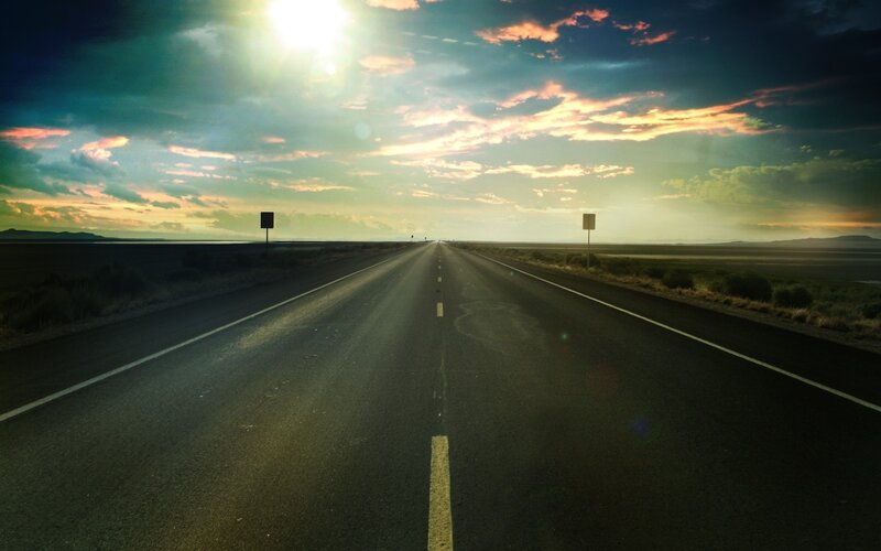 Empty Road at Sunset — Blue, Dramatic, Photograph, Sky, Clouds