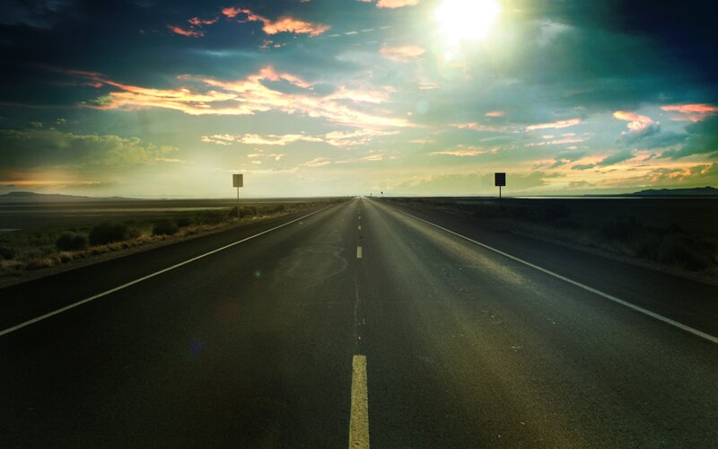 Empty Road at Sunset — Blue, Dramatic, Photograph, Sky