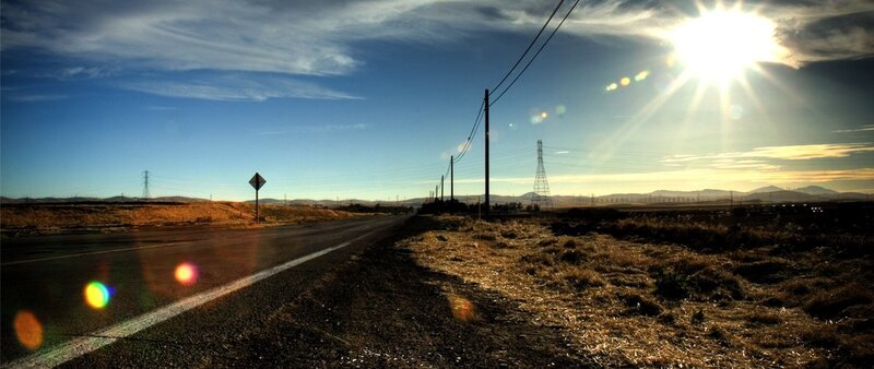 Empty Road at Sunset — Blue, Dramatic, Photograph, Sun