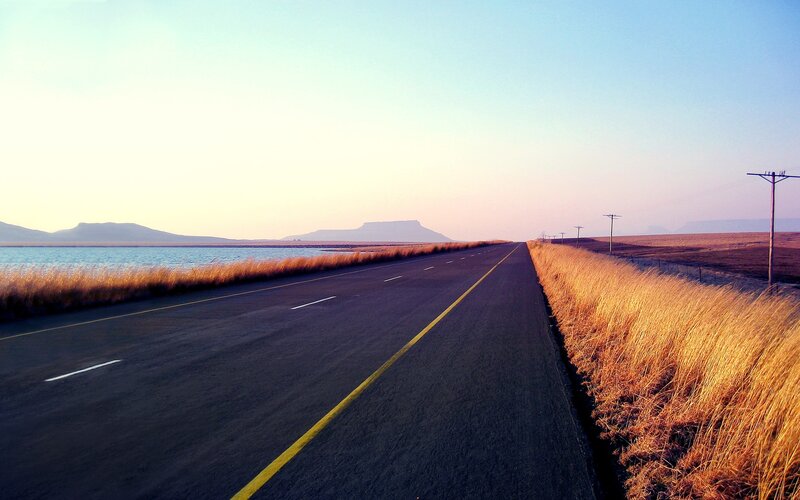 Empty Road at Sunset — Blue, Serene, Photograph, Grass