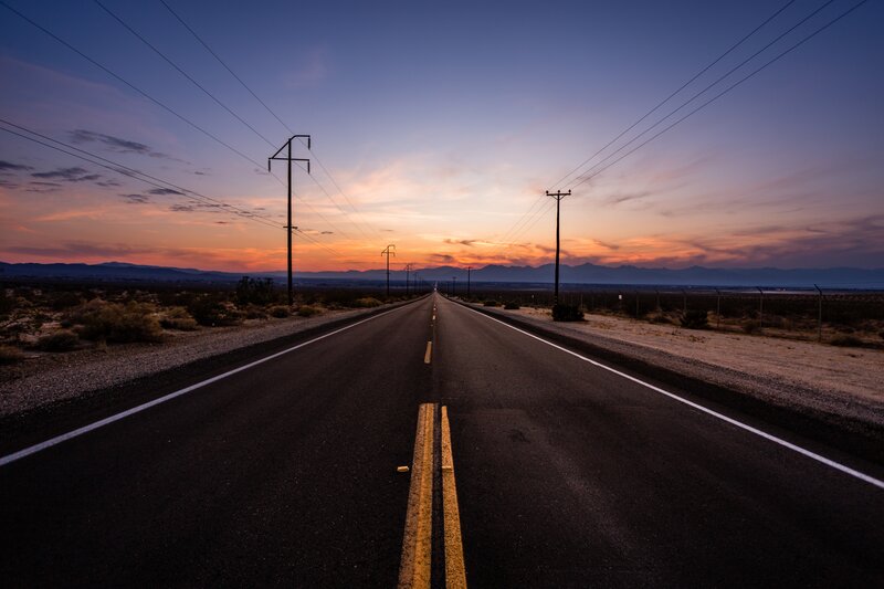 Empty Road at Sunset — Blue, Serene, Photograph, Mountains, Power Lines