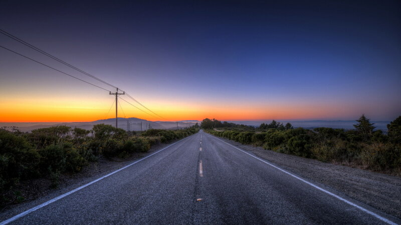 Empty Road at Sunset — Blue, Serene, Photograph, Power Lines
