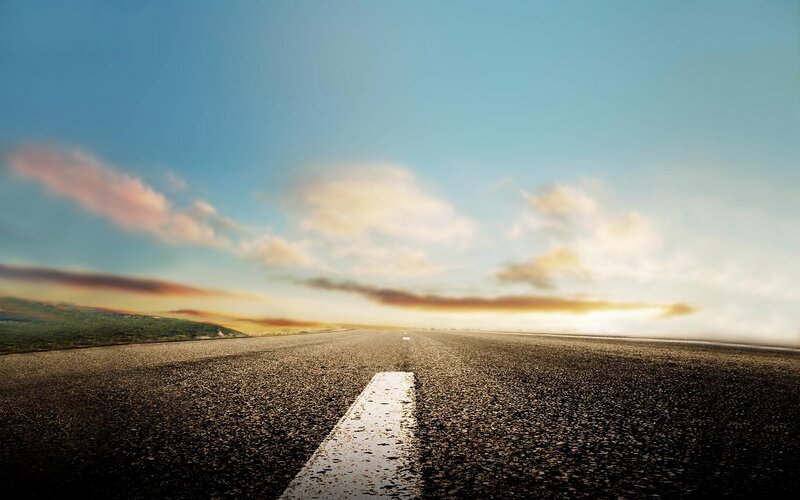 Empty Road at Sunset — Blue, Serene, Photograph, Sky, Clouds, Hills