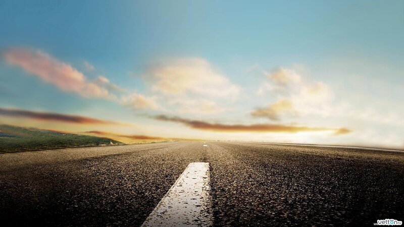 Empty Road at Sunset — Blue, Serene, Photograph, Sky