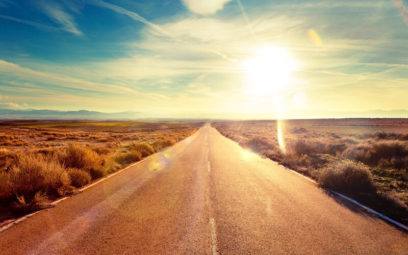 Empty Road at Sunset — Blue, Serene, Photograph, Sun