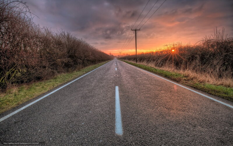 Empty Road at Sunset — Orange, Dramatic, Photograph, Hedge