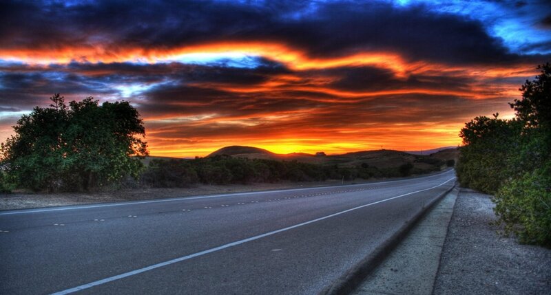 Empty Road at Sunset — Orange, Dramatic, Photograph, Hills