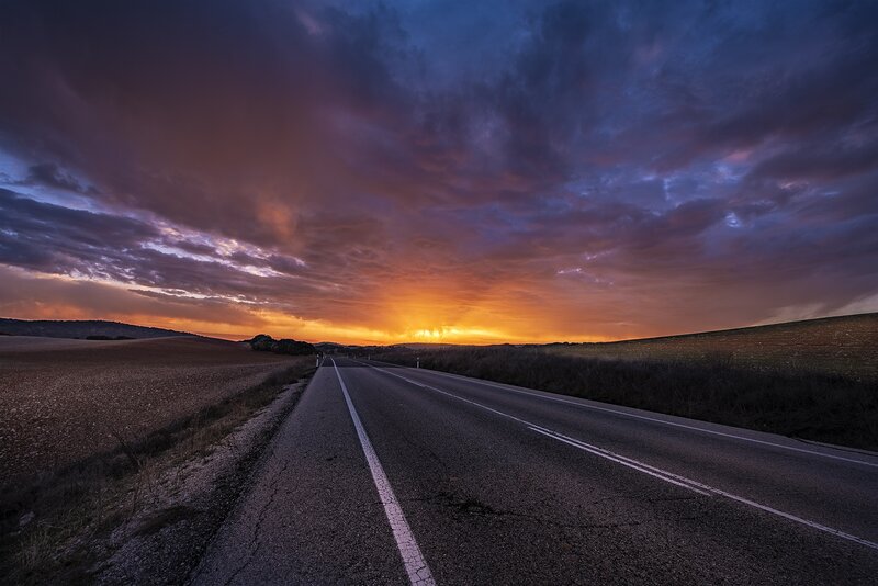 Empty Road at Sunset — Orange, Dramatic, Photograph, Sky