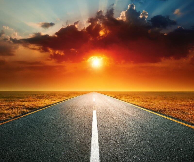 Empty Road at Sunset — Orange, Dramatic, Photograph, Sun, Clouds