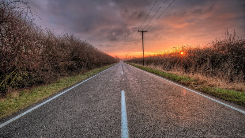 Empty Road at Sunset — Orange, Dramatic, Photograph, Sun