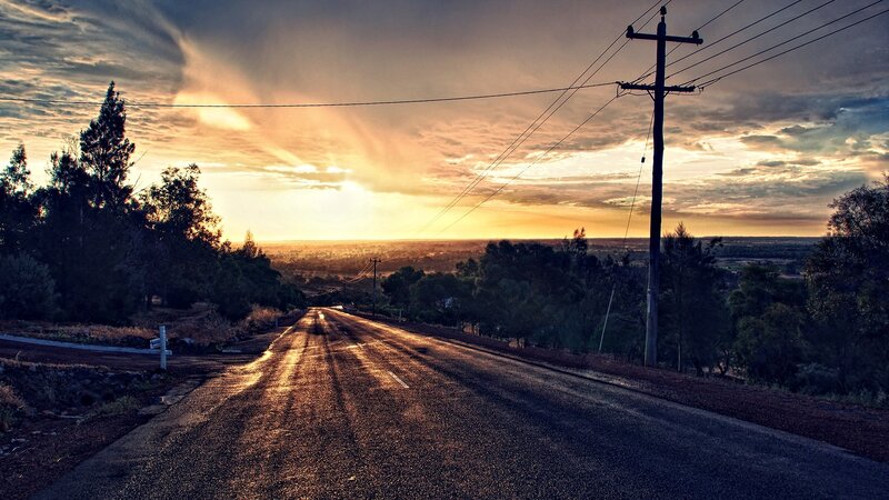 Empty Road at Sunset — Orange, Dramatic, Photograph, Trees
