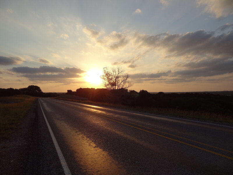 Empty Road at Sunset — Orange, Serene, Photograph, Sun, Clouds