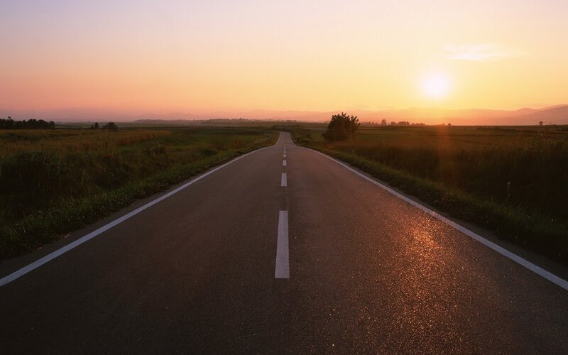 Empty Road at Sunset — Orange, Serene, Photograph, Sun, Field, Mountain