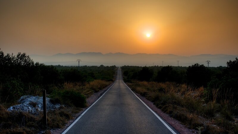 Empty Road at Sunset — Orange, Serene, Photograph, Sun, Mountains
