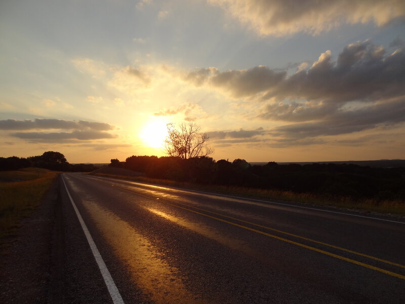 Empty Road at Sunset — Orange, Serene, Photograph, Sun