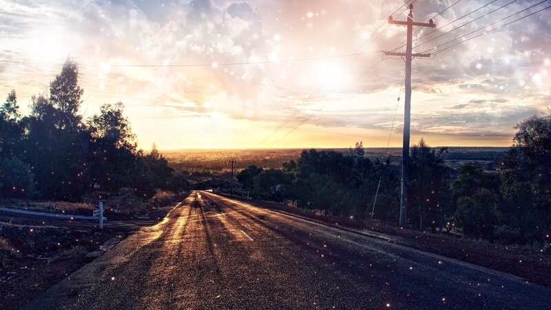 Empty Road at Sunset — Orange, Serene, Photograph, Trees, Power Lines, Sky