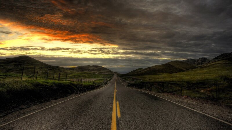 Empty Road at Sunset — Yellow, Dramatic, Photograph, Hills