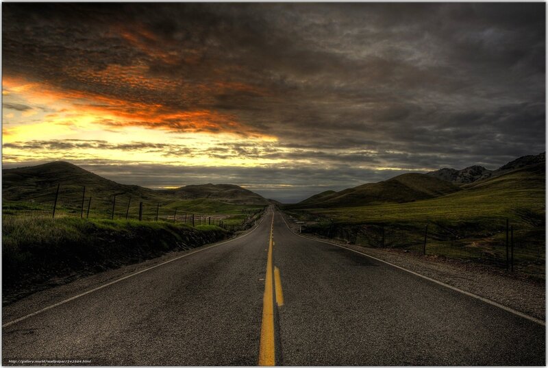 Empty Road at Sunset — Yellow, Dramatic, Photograph