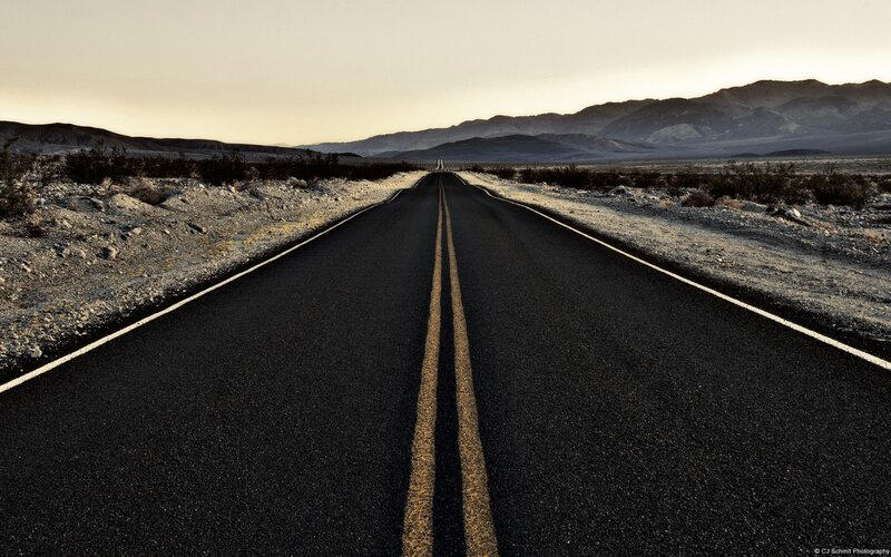Empty Road in Desert — Black, Desolate, Sunset