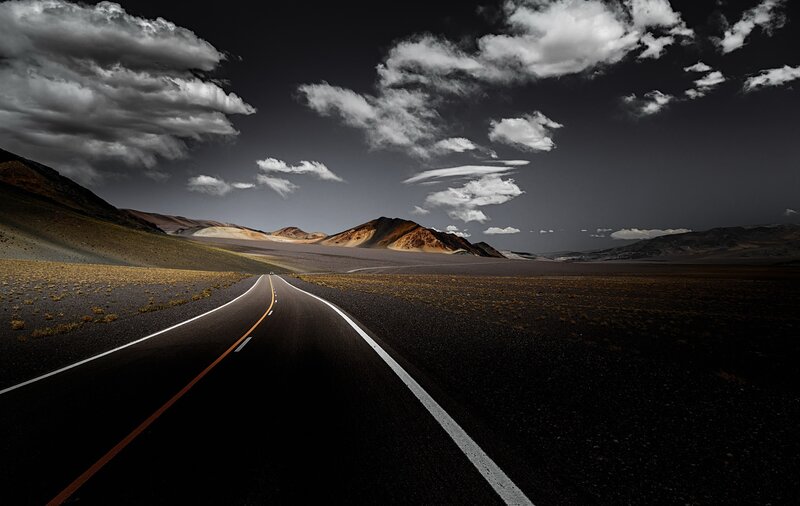 Empty Road in Desert — Black, Dramatic, Photograph, Mountains, Clouds