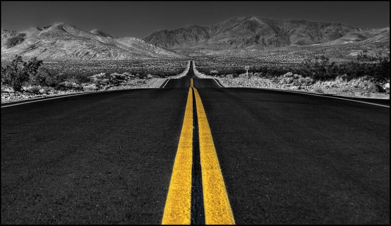 Empty Road in Desert — Black, Dramatic, Photograph, Mountains