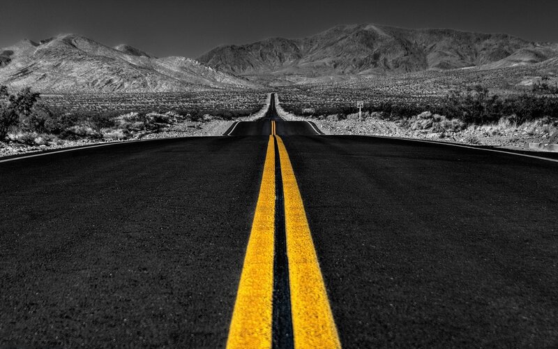 Empty Road in Desert — Black, Dramatic, Photograph, Mountains, Yellow Lines