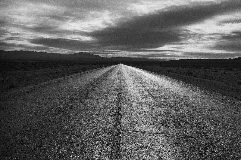Empty Road in Desert — Black, Dramatic, Sunset, Photograph, Mountains, Sky