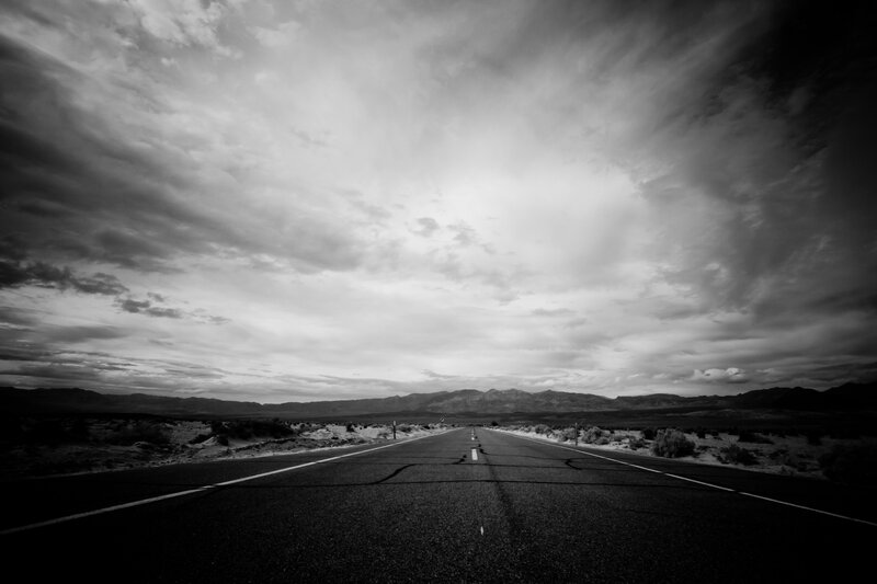 Empty Road in Desert — Black, Dramatic, Sunset, Photograph