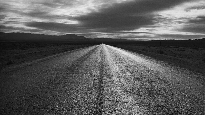 Empty Road in Desert — Black, Dramatic, Sunset