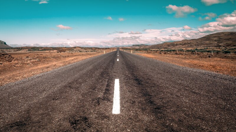 Empty Road in Desert — Blue, Serene, Afternoon, Photograph, Hills, Sky