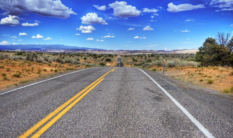 Empty Road in Desert — Blue, Serene, Afternoon, Photograph, Sky, Clouds