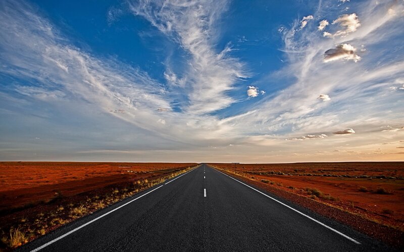 Empty Road in Desert — Blue, Serene, Afternoon, Photograph
