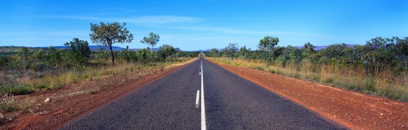 Empty Road in Desert — Blue, Serene, Afternoon, Photograph, Trees