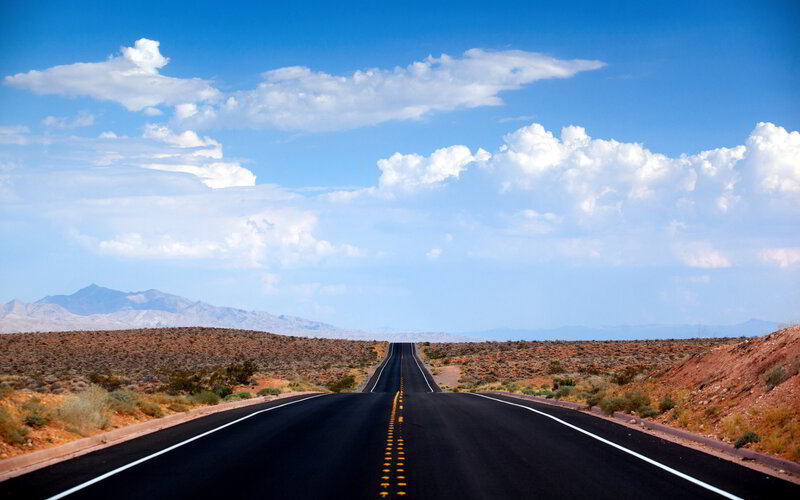 Empty Road in Desert — Blue, Serene, Afternoon