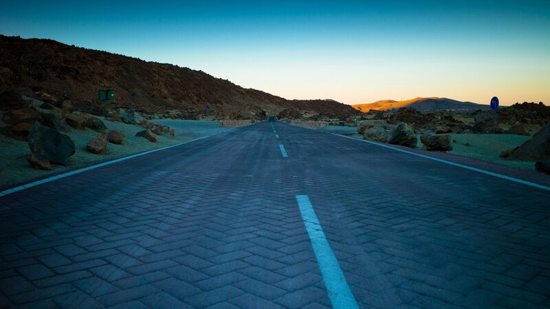 Empty Road in Desert — Blue, Serene, Sunset