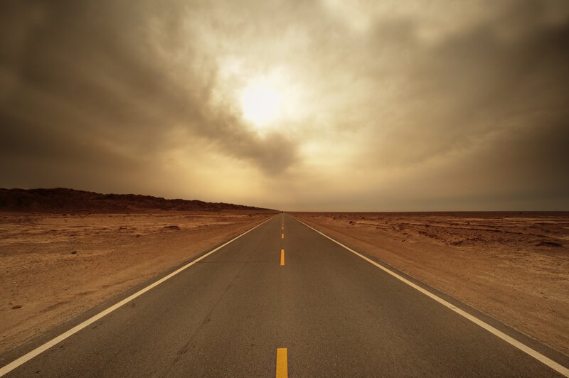 Empty Road in Desert — Brown, Dramatic, Sunset, Photograph, Clouds, Dunes