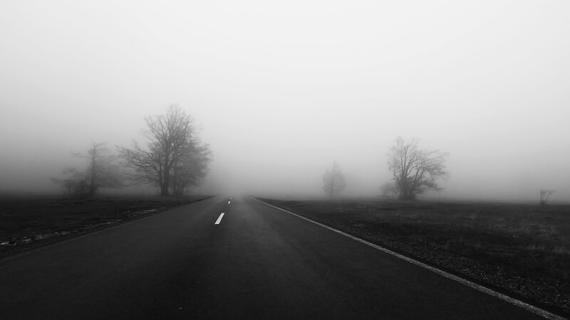 Empty Road in Fog — Black, Somber, Morning