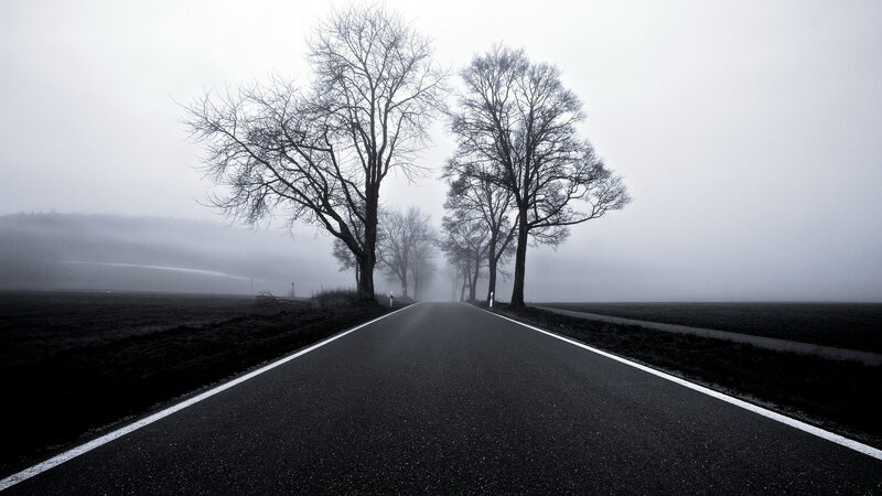 Empty Road in Fog — Black, Somber