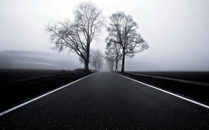 Empty Road in Fog — Black, Somber, Winter